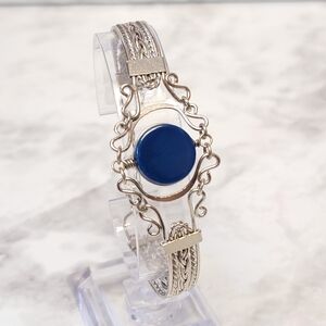 VTG Blue Silver Tone Filigree Bracelet Braided Band Wire‎ Wrapped Ethnic Boho